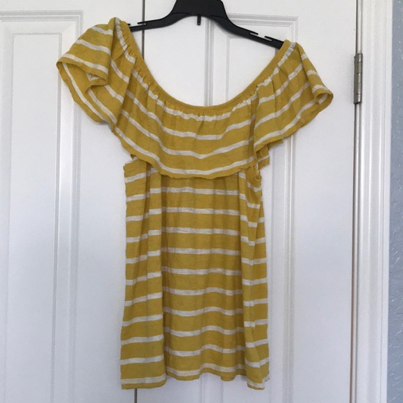 yellow and white striped off the shoulder top